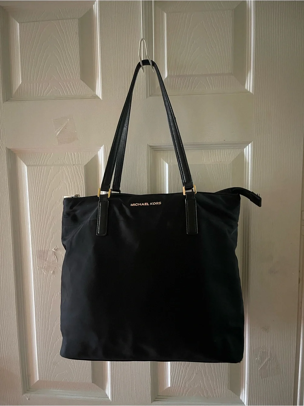 MICHAEL KORS Black Nylon Medium Tote with Gold tone Hardwares .